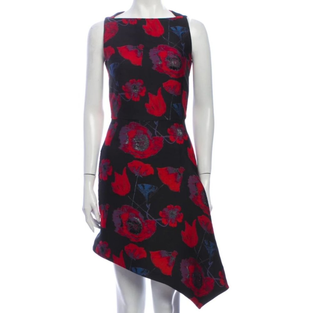 OSMAN Black Asymmetrical Dress with Red Floral Print - New